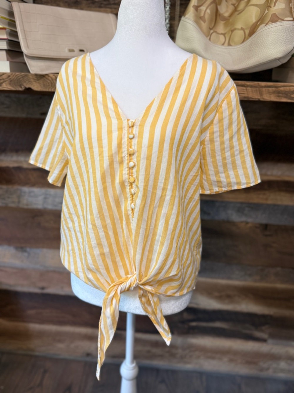 Madewell Yellow & White Striped Tie-Front V-Neck Blouse